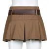 Spódnice z Sashes Brązowy Plisowany spódnica Kobiety Koreański Styl Moda Pas Punk Streetwear Tenis Mini Kobieta Iamity