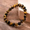 Cadena de eslabones Hombre Pulseras Ojo de tigre 8 Mm Con cuentas redondas Pulsera de hilo elástico Hombres Fuerza Coraje Protección Curación Reiki Brazalete Trum22