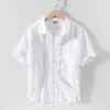 Men's Casual Shirts 100%Linen Short Sleeve Shirt For Men Summer Chest Pocket Tops Male Solid Color Loose Turn-down Collar251U