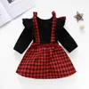 2 Pcs Girls Dress Set Solid Color Round Neck Long Sleeve Falbala Pullover Plaid Suspender Skirt Daily Life G1026