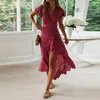 Aachoee Long Maxi Vestido Mulheres Verão Bohemian Envoltório Floral Print Beach Dress V Neck Split Split Manga Curta Ruffles Sundress Vestidos 210316