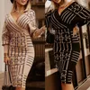 Femmes col en v bande imprimé géométrique mince taille haute gaine robe moulante 2021 automne hiver femme décontracté fête robes en tricot