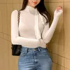 Womengaga Winter Base Kvinnors Korea Bandage Ribbon Turtleneck Bow Slim Långärmad T-shirt Tees Sommar Toppar Stor Bust R8VO 210603