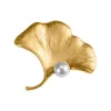 VLA 925 Silver Creative Golden Gingko Leaf Womens Fashion Inlaid Pearl Brooch Clothing Accessories