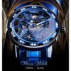 Vinnare Transparent Diamant Mekanisk Klocka Blå Rostfritt Stål Skelett Klocka Top Märke Luxury Business Luminous Male Clock 210804