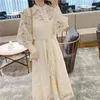 Kvinna Klänning Sashes Aprikos Lace Hollow-out Spring Long Lantern Sleeve Stand Neck Casual Party Dresses Designer 210603