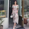 Длинное цветочное платье для женщин Летние Корея рюшачьего без рукавов без плеча шифоновое сарафан сексуальные дамы элегантные печати Maxi платья 210602