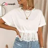 Conmoto Casual Bianco coulisse T-Shirt T-shirt Ruffled O-Collo Manica corta T Tops Cotton Elegante vacanze Top Shirt Summer 210623