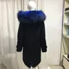Damesbont Faux Voguisd Lange stijl Warm Parka Black Uitloper Donkerblauwe gevoerde jas met grote hapkleding