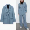 Za Blue Dubbelbröst Spring Blazer Kvinnor Långärmad Office Lady Coat Blazers Woman Chic Flap Fickor Eleganta Toppar 210602