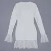 Frete Grátis Sexy Branco Bandage Dress 2021 New Women's Quadrado Pescoço Manga Longa Bodycon Lace Dress Club Night Party Mini Vestido Y0118