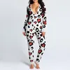 2021 Juldjur Print Jumpsuit Kvinnor Casual Långärmad Button-Down Front Functional Knappad Flap Vuxna Playsuit Pyjamas