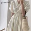 Yitimuceng Midi Dresses for Women Lace Up Puff Sleeve High Waist Unicolor White Blue Sundress Summer Korean Fashion Dress 210601