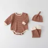 3pcs Autumn Baby Boy Girl Clothing Set Stripped Set Newborn Baby Boy Girl Kids Tops Rompers + Long Pants Hat Outfit Clothes G1023