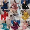 JULY'S SONG Woman Knitted Pajamas Set 2 Pieces Solid Color Velvet Lapel Long Sleeve Trouser Striped Casual Winter Sleepwear 210809