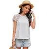 Lace Patchwork T Shirt Women Summer Casual Hollow Out Short Sleeve Solid Color Loose op Female O Neck Pullover ops 210526