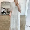 Korejpaa Women Dress Summer Korean Fashion Elegant Hollow Lace Hook Flower Trim Pearl Button-up White Short Sleeve Dresses 210526