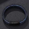 Bangle Drop Men Sieraden Punk Zwart Blue Gevlochten lederen armband voor roestvrijstalen magnetische gespannelijke polsband geschenken