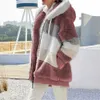 秋冬2021女性の暖かい豪華なパッチワークコートジッパー長袖ポケットフード付きパーカー緩い屋外カジュアルスポーツジャケット服