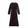 Za Floral Print Long Dress Women Vintage V-neck Surplice Front Slit Party Dresses Woman Lined Buttons Midi Autumn Vestidos 210602