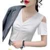 Summer Tees T Shirt Women Fashion Folds Top Kobieta V-Neck Krótki Rękaw Off Ramię Tee Koszula Femme Topy Koszule Purple White 210604