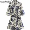 Moda impresa roll-up media manga mujer camisa casual vestido verano solo pecho femenino mini con fajas 210604