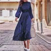 Boho Rękaw Lantern Polka Dot Drukowane Dres Elegancki Vintage Stand Collar Długie Rękawy Jesień Sukienka Plus Rozmiar 210721