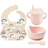 4Pcs/Set Silicone Baby Cup Tableware Set Waterproof Heart Printing Bib Food Grade Cup Non-Silp Suction Bowl Feeding Dinnerware 211027