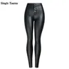 Hoge taille PU slang huid zwarte broek vrouwen knop vliegen skinny pu broek femme herfst winter plus fluwelen lederen coating leggings q0801