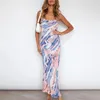 Miguofan Spaghetti Strap Sexig Bodycon Sexig Lång Klänning Kvinnor Sommarstrand Tie-Dye Split Boho Ärmlös Plus Size Dress Vestidos X0521