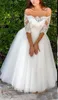 Vintage A Line Wedding Dresses Bridal Gowns Tea Length Half Sleeve Bateau Neck Lace Top Boho Beach Tulle Bride Dress