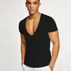 Camiseta masculina com decote em V profundo para homens, corte baixo, camiseta larga em V, camiseta masculina invisível, ajuste fino, manga curta