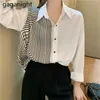 Mode damer toppknapp chiffong blusar långärmad casual kontorskjorta vår sommar solid färg blusas svart vit 210601