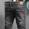 Włoski styl Moda Mężczyźni Dżinsy Retro Czarny Szary Elastyczne Slim Fit Ripped Denim Spodnie Vintage Designer Hip Hop Pencil Spodnie