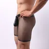 AIIOU Sexy Mesh Mens Gay Underwear Boxers Homme Faux Leather Open Crotch Pouch Shorts Men Transparent Boxer Ass Free Gay Cueca 210310