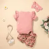 Sommar barn sätter kortärmad o nacke solid rompers print blommiga shorts söta 2pcs tjejer pojke kläder set 0-2t 210629