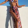 Tiny String Backless Three Piece Suits Tranigle Printed Bikinis Summer Swimsuit Cover Up Skirt Sexy Mini Thong Set 210604