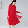 Femmes grande taille rouge plissé maille robe col roulé à manches longues coupe ample mode printemps automne 2E1588 210526