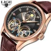 Lige Mężczyźni Zegarki Luksusowe Skórzane Podwójne Zegarek Męski Moda Moda Automatyczny Wodoodporny Watch10013 210527