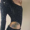 Seksi Bayanlar Kadınlar Parlak Bodysuit Backless Uzun Kollu Tulum Kulübü Romper Katı Siyah Shining Streç İnce Üst Y0927