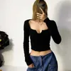 Femmes tricot haut court Sexy col en v manches longues décontracté Chic hauts courts femme T-shirt 210709