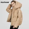 Aachoae Women Fashion Thick Warm PU Faux Leather Padded Jacket Coat Long Sleeve Hooded Parka Coat Female Elegant Outerwear Tops 210923