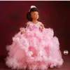 Lussuoso rosa 2021 Flower Girl Dresses Sheer Neck Feather Little Girl Abiti da sposa economici Comunione Pageant Abiti Abiti ZJ737