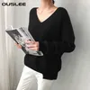 Ouslee 2021 Vår Höst Långärmad tröja Kvinnor V-hals Basic Solid Pullovers Kvinnor Koreansk stil Casual Strikked Sweaters Top X0721
