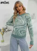 Apranden elegante groene stropdas kleurstof gebreide trui en pullover winter lange mouw warme geribbelde jumper vrouwelijke slanke top 211215