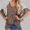 Leopardo Patchwork T-shirt da donna allentato scollo a V magliette Tee manica a pipistrello Top donna estate manica corta 2020 nuovo nodo Tee camicette Y0629