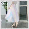 Qooth Rainbow Colorful Mesh Plisserad kjol Hög midja Fairy Summer Long Sweet All Match Elastisk A-line kjol QT644 210609