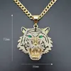 Hip Hop Rhinestones Paved Bling Iced Out GoldStainlSteel Big Tiger Pendants Necklace for Men Rapper Jewelry with cuban chain X0707