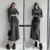WOMENGAGA Sexy Pleated Skirt Street S A-line Hip Slim Mid Length Long + Simple Stretch T-shirt Autumn HA30 210603