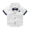 Summer Children'S Birthday Party Clothing Cotton Short Sleeve Polka Dot Patchwork Child Kids Handsome Boy Bow Tie Shirt 210306